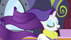 Size: 854x480 | Tagged: safe, imported from derpibooru, screencap, rarity, unicorn, rarity's biggest fan, spoiler:interseason shorts, eyes closed, long hair, long mane, long tail, tail, windswept hair, windswept mane, windswept tail