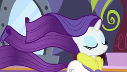 Size: 854x480 | Tagged: safe, imported from derpibooru, screencap, pony, unicorn, rarity's biggest fan, spoiler:interseason shorts, eyes closed, female, long hair, long mane, long tail, purple hair, solo, spa robe, tail, windswept hair, windswept mane, windswept tail