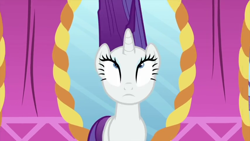 Size: 854x480 | Tagged: safe, imported from derpibooru, screencap, rarity, pony, unicorn, rarity's biggest fan, spoiler:interseason shorts, blue eyes, eyelashes, eyeliner, female, hair, long hair, long mane, looking up, makeup, purple hair, white fur