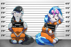 Size: 3252x2144 | Tagged: safe, artist:applephil, imported from derpibooru, dj pon-3, octavia melody, vinyl scratch, earth pony, pony, unicorn, barbie mugshot meme, chains, clothes, duo, female, floppy ears, high res, jumpsuit, looking at you, mare, meme, mugshot, open mouth, open smile, prison outfit, prisoner octavia, prisoner vinyl, shackles, simple background, smiling, smiling at you, sunglasses, sunglasses on head