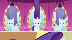 Size: 854x480 | Tagged: safe, imported from derpibooru, screencap, rarity, unicorn, rarity's biggest fan, spoiler:interseason shorts, blue eyes, carousel boutique, eyelashes, female, long hair, long mane, mare, mirror, purple hair, rarity is not amused, unamused, white fur