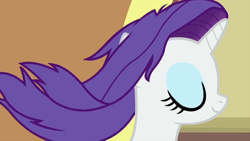 Size: 854x480 | Tagged: safe, imported from derpibooru, rarity, unicorn, rarity's biggest fan, spoiler:interseason shorts, eyelashes, eyes closed, falling, female, loose hair, mare, purple hair, smiling, stop, white fur, window, windswept hair, windswept mane