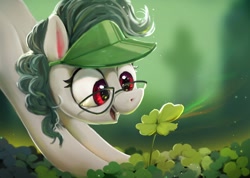 Size: 1199x854 | Tagged: safe, artist:inkhooves, imported from derpibooru, oc, oc only, oc:front page, earth pony, pony, clover, crouching, female, four leaf clover, glasses, holiday, looking at something, mare, open mouth, saint patrick's day, smiling, solo