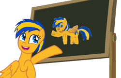 Size: 876x563 | Tagged: safe, artist:mlpfan3991, imported from derpibooru, oc, oc:flare spark, pegasus, chalkboard, drawing, female, simple background, smiling, solo, transparent background, vector