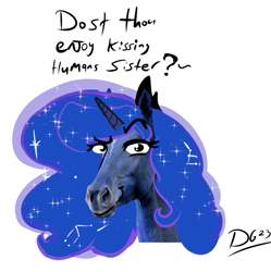 Size: 651x654 | Tagged: safe, artist:thelunarmoon, imported from derpibooru, princess luna, alicorn, horse, boykisser, bust, implied princess celestia, looking at you, mauzymice, meme, ponified meme, shitposting, simple background, solo, talking to viewer, white background