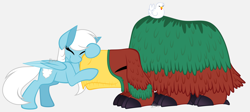 Size: 5121x2292 | Tagged: safe, artist:feather_bloom, imported from derpibooru, oc, oc:feather bloom, bird, chicken, pegasus, pony, happy, hug, minecraft, pets, simple background