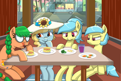 Size: 10965x7365 | Tagged: safe, artist:buttercupsaiyan, imported from twibooru, oc, oc:fair flyer, earth pony, pegasus, pony, eating, female, image, mare, mare fair, png, restaurant, snowpity inc.