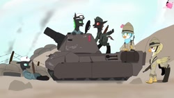 Size: 1731x974 | Tagged: safe, artist:mairiathus, imported from derpibooru, oc, oc only, changeling, griffon, equestria at war mod, clothes, desert, green changeling, gun, red changeling, rifle, soldier, submachinegun, tank (vehicle), uniform, weapon