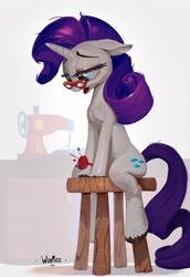 Size: 2818x4096 | Tagged: safe, artist:winpuss, imported from derpibooru, rarity, pony, unicorn, female, floppy ears, glasses, mare, messy mane, pincushion, rarity's glasses, sewing machine, simple background, sitting, solo, stool, white background