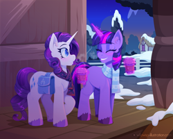 Size: 2000x1600 | Tagged: safe, artist:willoillo, imported from derpibooru, rarity, twilight sparkle, unicorn, fanfic:injuring eternity, coffee, fanfic art, female, lesbian, ponyville train station, rarilight, shipping, winter