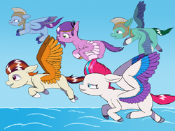 Size: 2048x1536 | Tagged: safe, artist:stormy hooves, derpibooru exclusive, imported from derpibooru, pipp petals, zipp storm, pegasus, pony, :o, female, flying, g5, grin, group, guardsmare, happy, helmet, jewelry, looking down, male, mare, ocean, open mouth, pegasus royal guard, rocky riff, royal guard, royal sisters (g5), siblings, sisters, sky, smiling, spread wings, stallion, teeth, thunder flap, tiara, water, wings, zoom zephyrwing