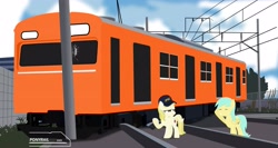 Size: 3729x1988 | Tagged: safe, artist:ponyrailartist, imported from derpibooru, march gustysnows, sunshower raindrops, earth pony, pegasus, pony, accident, jr103, tracks, train, wires