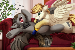 Size: 3517x2357 | Tagged: safe, artist:pridark, imported from derpibooru, oc, oc:exist, oc:x1, bat pony, hippogriff, hybrid, pony, couch, cute, griffequus, lying down, prone, tickle belt, tickle torture, tickling, wings