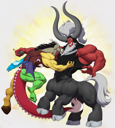 Size: 2321x2584 | Tagged: safe, artist:ponyanony, imported from derpibooru, discord, lord tirek, centaur, draconequus, taur, deltscord, duo, duo male, fluffy, male, muscles, muscular male, tickle belt, tickle fight, tickle torture, tickling