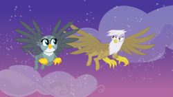 Size: 1920x1080 | Tagged: safe, artist:cloudy glow, artist:memnoch, edit, editor:jaredking779, imported from derpibooru, gabby, gilda, griffon, cloud, duo, female, flying, sky, spread wings, sunset, wings