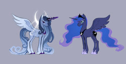 Size: 1127x574 | Tagged: safe, artist:nightheart2647, imported from derpibooru, princess luna, alicorn, colored hooves, crescent moon, female, glowing, glowing horn, gray background, horn, jewelry, mare, moon, redesign, regalia, simple background, solo, spread wings, unshorn fetlocks, wings