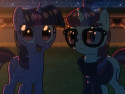 Size: 800x600 | Tagged: safe, artist:rangelost, imported from derpibooru, moondancer, twilight sparkle, alicorn, unicorn, cyoa:d20 pony, clothes, coya, duo, glasses, looking at you, night, offscreen character, pixel art, starry night, stars, story included, twilight sparkle (alicorn)