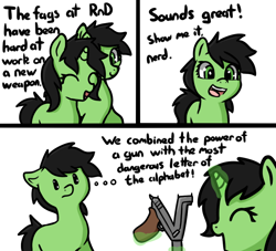 Size: 870x790 | Tagged: safe, artist:neuro, imported from derpibooru, oc, oc:filly anon, earth pony, pony, unicorn, comic, dialogue, eyes closed, faggot, female, filly, foal, gun, implied racism, levitation, magic, n, open mouth, open smile, simple background, slur, smiling, telekinesis, thought bubble, vulgar, weapon, white background