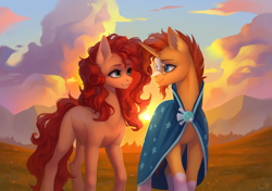 Size: 5100x3600 | Tagged: safe, artist:inarimayer, imported from derpibooru, sunburst, earth pony, pony, unicorn, cloak, clothes, cloud, field, glasses, mountain, mountain range, scenery, sunset