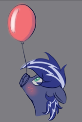 Size: 631x939 | Tagged: safe, artist:latexcut1e, imported from derpibooru, oc, oc only, oc:lightning flare, balloon, blushing, cute, gray background, looking up, simple background