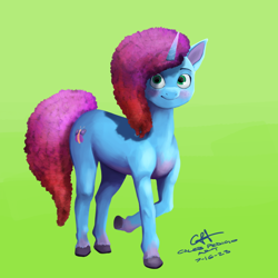 Size: 894x894 | Tagged: safe, artist:calebpedigo, imported from derpibooru, pony, unicorn, female, g5, green background, mare, misty brightdawn, realistic horse legs, rebirth misty, simple background, smiling, solo