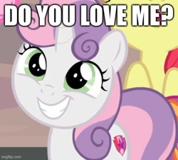 Size: 500x447 | Tagged: safe, edit, edited screencap, imported from derpibooru, screencap, sweetie belle, caption, cropped, cute, image macro, love, smiling, sweetielove, talking to viewer, text