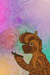 Size: 1000x1500 | Tagged: safe, artist:buy_some_apples, imported from derpibooru, oc, zebra, dilated pupils, glowing, hallucination, pipe, smiling, smoking, solo, zebra oc