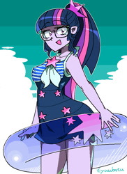 Size: 600x823 | Tagged: safe, artist:tyuubatu, imported from derpibooru, sci-twi, twilight sparkle, equestria girls, breasts, clothes, inflatable toy, one-piece swimsuit, open mouth, swimsuit