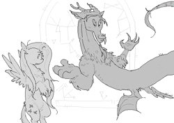 Size: 671x473 | Tagged: safe, artist:burgeredagent, imported from derpibooru, discord, fluttershy, draconequus, pegasus, pony, duo, grayscale, monochrome, redraw, simple background, white background