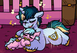 Size: 1982x1372 | Tagged: safe, artist:sexygoatgod, imported from derpibooru, oc, oc only, oc:shining strings, oc:viola shine, hybrid, pony, unicorn, baby, baby pony, brother and sister, crib, cuddling, cutiespark, female, filly, foal, lullaby, lying down, male, music notes, nursery, offspring, pacifier, parent:lyra heartstrings, parent:oc:razzmatazz gleam, parents:canon x oc, pegabat, prone, siblings