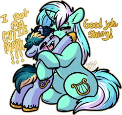 Size: 1786x1669 | Tagged: safe, artist:sexygoatgod, imported from derpibooru, lyra heartstrings, oc, oc:shining strings, pony, unicorn, female, foal, gap teeth, hug, male, mother and child, mother and son, offspring, parent:lyra heartstrings, parent:oc:razzmatazz gleam, parents:canon x oc, simple background, transparent background