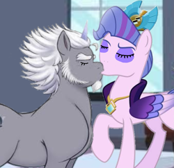 Size: 1307x1266 | Tagged: safe, artist:u66589 yiv, imported from twibooru, queen haven, pegasus, unicorn, alphabittle blossomforth, alphahaven, g5, image, jewelry, kissing, necklace, png, shipping fuel