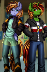 Size: 2490x3809 | Tagged: safe, artist:pridark, imported from ponybooru, oc, oc only, anthro, canterlot high, clothes, commission, cosplay, costume, duo, equestria girls outfit, female, high res, jacket, male, matching outfits, pants