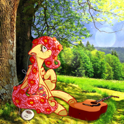 Size: 2618x2618 | Tagged: safe, artist:fluttersharpi, imported from derpibooru, fluttershy, cd player, chest fluff, earbuds, flower, flower in hair, freckles, guitar, musical instrument, outdoors, real life background, solo, tree