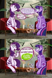 Size: 1366x2048 | Tagged: safe, artist:fluttersharpi, imported from derpibooru, rarity, twilight sparkle, alicorn, unicorn, comic, computer, dialogue, laptop computer, microphone, podcast, real life background, speech bubble, twilight sparkle (alicorn)