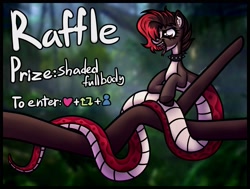 Size: 2047x1548 | Tagged: safe, artist:sadfloorlamp, imported from derpibooru, oc, oc only, oc:torsher, hybrid, lamia, original species, pony, snake, advertisement, art raffle, collar, colored, complex background, ear fluff, eyelashes, fangs, female, female pred, female predator, forked tongue, high res, hooves, log, long tongue, mare, open mouth, prize, raffle, solo, text, tongue out, tree, tree branch, wall of tags