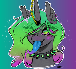 Size: 2200x2000 | Tagged: safe, artist:curryrice, imported from derpibooru, oc, alicorn, earth pony, hybrid, original species, pegasus, pony, unicorn, bust, choker, ear piercing, gradient background, horn, horn jewelry, jewelry, piercing, solo, spiked choker, tongue out