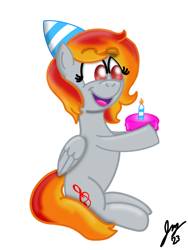 Size: 1620x2160 | Tagged: safe, artist:jesslmc16, imported from derpibooru, oc, oc only, oc:tridashie, pegasus, pony, birthday, cake, candle, digital art, female, female oc, food, frosting, happy birthday, hat, lighting, mare, open mouth, party hat, pegasus oc, procreate app, shading, simple background, sitting, smiling, solo, white background, wings