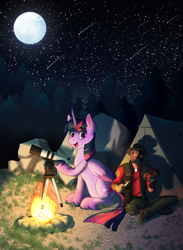 Size: 2413x3300 | Tagged: safe, artist:lycantrin, imported from derpibooru, twilight sparkle, alicorn, human, pony, absurd resolution, belly, campfire, carving, coat markings, colored wings, crossover, duo, eyebrows, eyebrows visible through hair, female, fetlock tuft, figurine, fire, folded wings, full moon, happy, height difference, human and pony, knife, looking at each other, looking at someone, male, moon, night, off model, open mouth, open smile, shooting star, shooting stars, smiling, sniper, sniper (tf2), socks (coat markings), starry eyes, starry sky, stars, team fortress 2, telescope, tent, tree, tripod, twilight sparkle (alicorn), two toned wings, unshorn fetlocks, wholesome, wingding eyes, wings, wood