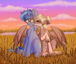 Size: 716x596 | Tagged: safe, artist:mxiiisy, imported from derpibooru, oc, oc:amoo, oc:amy bloodeye, oc:blue cola, pegasus, pony, unicorn, zebra, cheek kiss, couple, duo, female, field, glasses, gradient hooves, green eyes, horn, hug, kissing, male, mare, pegasus oc, pony oc, relationship, spread wings, stallion, straight, unicorn oc, wings, zebra oc