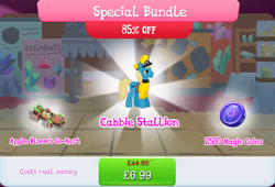 Size: 1264x861 | Tagged: safe, idw, imported from derpibooru, earth pony, pony, bundle, clothes, costs real money, english, gameloft, hat, idw showified, kart, magic coins, male, mobile game, my little pony: magic princess, numbers, official, sale, solo, stallion, text, unnamed character, unnamed pony