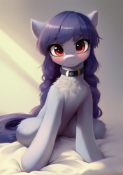 Size: 512x728 | Tagged: safe, imported from derpibooru, oc, oc only, oc:cosmia nebula, pony, ai content, ai generated, bed, blushing, chest fluff, collar, female, fluffy, generator:pony diffusion v5, generator:stable diffusion, sitting, solo