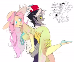 Size: 2400x2000 | Tagged: safe, artist:pelma, idw, imported from derpibooru, discord, fluttershy, draconequus, human, pegasus, pony, spoiler:comic, spoiler:comic24, antlers, butterdragon, carrying, clothes, confused, dress, duo, duo male and female, elf ears, female, fez, g4, gloves, hat, horn, horned humanization, horns, hug, humanized, male, over the shoulder, pony coloring, question mark, scene interpretation, simple background, snaggletooth, sun hat, sweat, sweatdrop, trio, white background