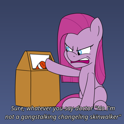 Size: 900x900 | Tagged: safe, artist:unitxxvii, imported from derpibooru, pinkie pie, earth pony, pony, blue background, dialogue, female, hoof hold, mare, mocking, open mouth, pinkamena diane pie, simple background, sitting, solo, trash can