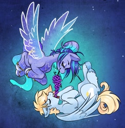 Size: 3094x3176 | Tagged: safe, artist:opalacorn, imported from derpibooru, oc, oc only, oc:asteria, oc:blue skies, pegasus, pony, unicorn, artificial wings, augmented, commission, eyes closed, feeding, female, food, grapes, lying down, magic, magic wings, male, mare, mouth hold, oc x oc, on back, open mouth, shipping, stallion, straight, wings