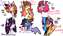 Size: 700x400 | Tagged: safe, artist:iluminarubright, imported from derpibooru, oc, oc only, oc:daisy root, oc:iced century, oc:sensation, oc:strawberry marshmallow, oc:time loop, oc:windwhirl, earth pony, pegasus, pony, unicorn, agender pride flag, aroace pride flag, asexual pride flag, bisexual pride flag, bust, female, floral head wreath, flower, glasses, lesbian pride flag, magical lesbian spawn, mare, next generation, nonbinary pride flag, offspring, pansexual pride flag, parent:big macintosh, parent:cheese sandwich, parent:fancypants, parent:flash sentry, parent:fluttershy, parent:pinkie pie, parent:rainbow dash, parent:rarity, parent:soarin', parent:starlight glimmer, parent:sunset shimmer, parent:twilight sparkle, parents:cheesepie, parents:flashlight, parents:fluttermac, parents:raripants, parents:shimmerglimmer, parents:soarindash, polysexual pride flag, pride, pride flag, round glasses, scar, simple background, straight ally flag, transgender pride flag, white background