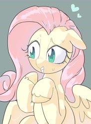 Size: 2507x3421 | Tagged: safe, artist:gakushuogawa, imported from derpibooru, fluttershy, pegasus, pony, colored pupils, cute, floating heart, floppy ears, green background, grin, heart, partially open wings, shyabetes, simple background, smiling, solo, unshorn fetlocks, wings