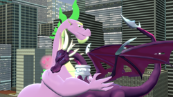 Size: 1920x1080 | Tagged: safe, artist:ponygamer2020, imported from derpibooru, spike, dragon, secret of my excess, 3d, city, cityscape, corrupted cynder, crossover, crossover shipping, cynder, cynderspike, female, giantess, greed spike, heart, hug, macro, male, older, older spike, purring, shipping, source filmmaker, spikezilla, spyro the dragon (series), straight, the legend of spyro, winged spike, wings