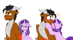 Size: 1862x1014 | Tagged: safe, artist:redxbacon, imported from derpibooru, starlight glimmer, oc, oc:draco k-night blaze, hybrid, pony, unicorn, blushing, canon x oc, commission, eyes closed, horn, kiss on the lips, kissing, shipping, simple background, starlaco, surprised, white background