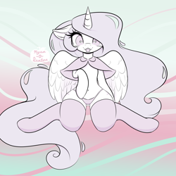 Size: 3000x3000 | Tagged: safe, artist:nyan-o-lantern, imported from derpibooru, princess celestia, alicorn, semi-anthro, abstract background, clothes, eyelashes, female, heart, heart eyes, pink-mane celestia, socks, solo, stockings, thigh highs, wingding eyes